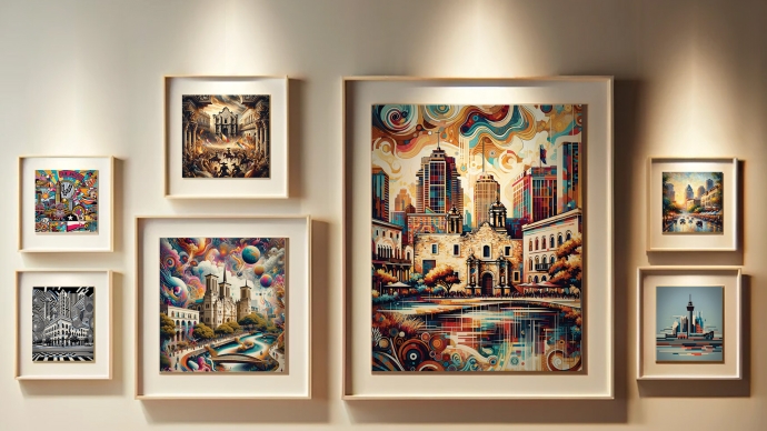 framed artwork of san antonio on a wall, in all different styles of art